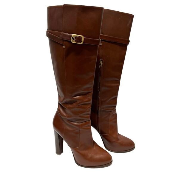 FENDI Women’s Cognac Brown Leather New High Heeled Boots Size 39 8.5 Gold Buckle - Picture 1 of 13